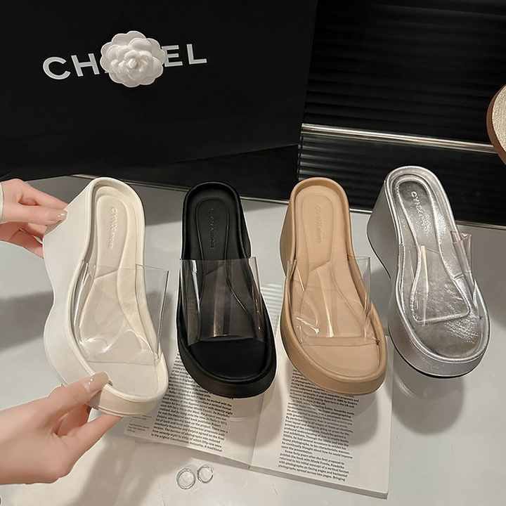 Transparent wedge shoes.